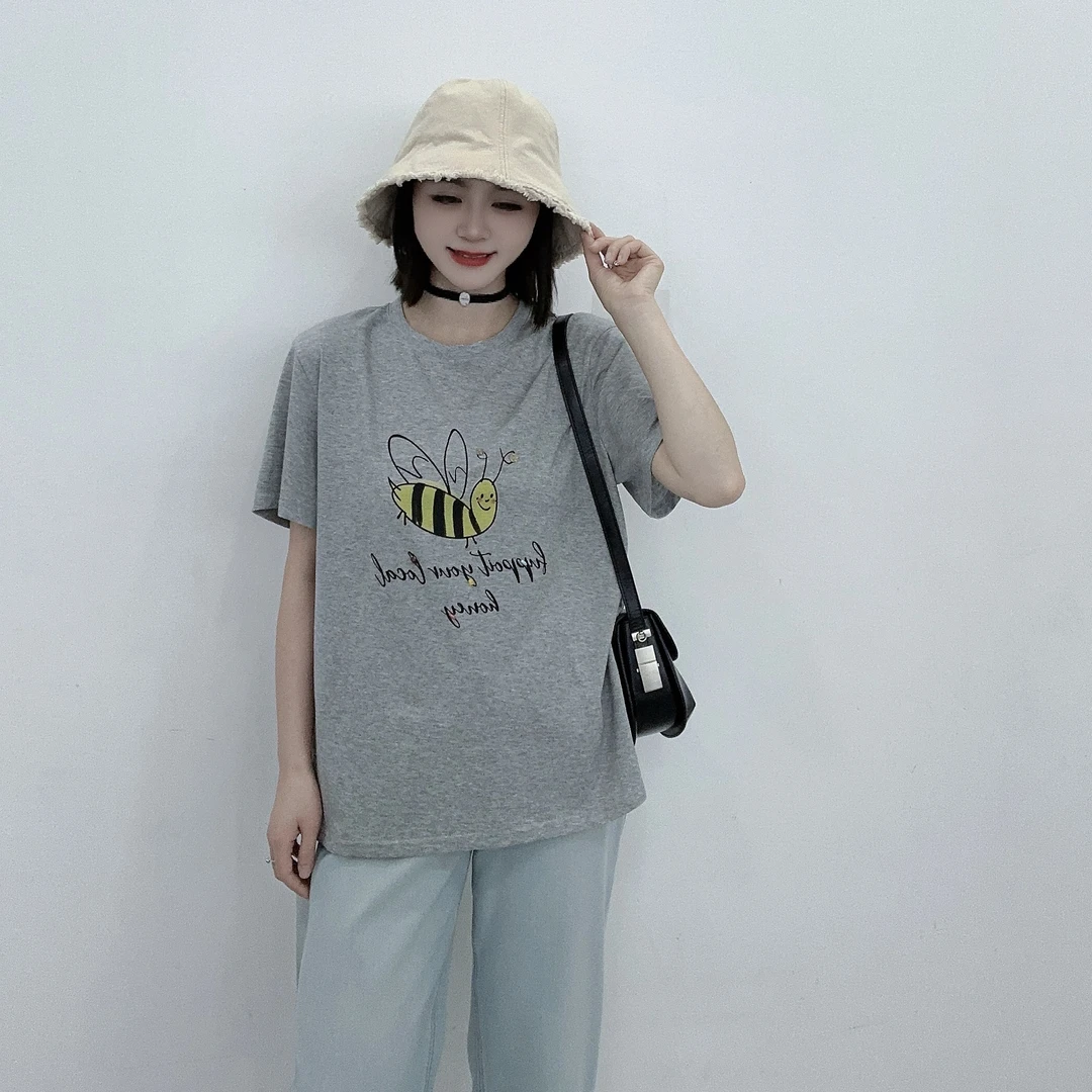 LMM 097 小蜜蜂印花圆领短袖T恤女修身短款夏减龄棉T
