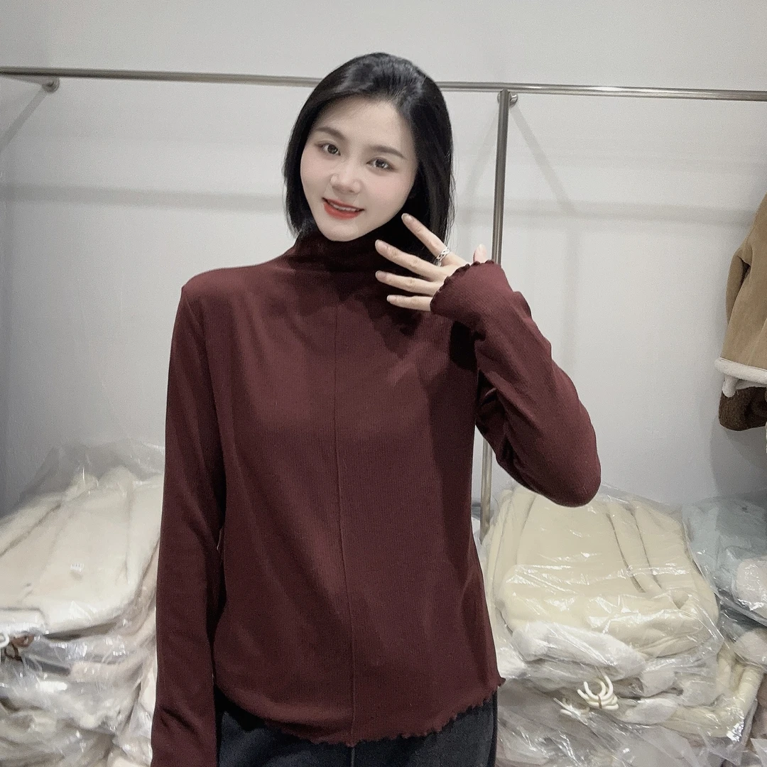 LMM 2263 冬加薄绒半高领木耳边软糯显瘦百搭一根筋T恤打底衫女