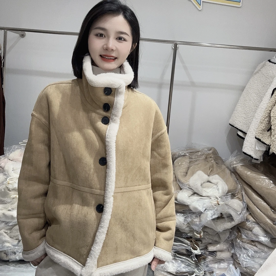 LMM 6038 韩系糖果色宽松加厚女2024新款冬季减龄皮毛一体短外套