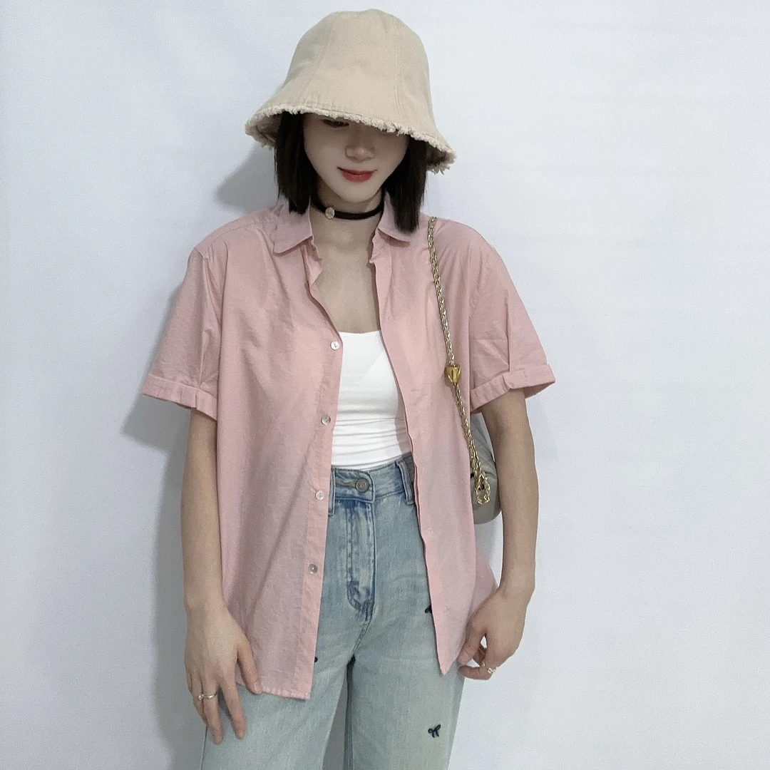 LMM 1161 百搭设计感小众粉色衬衫2024夏季新款复古宽松简约短袖