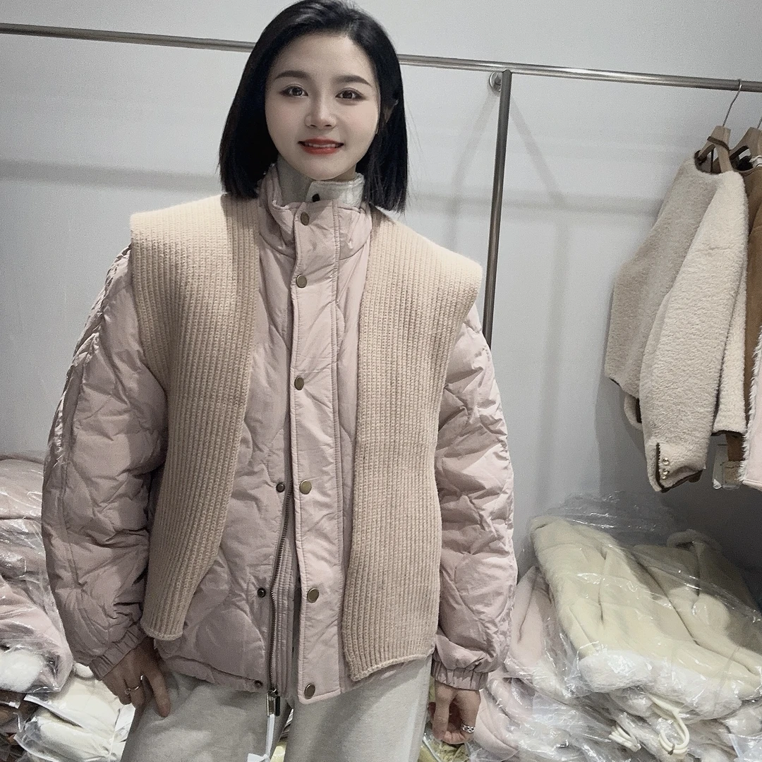 LMM 8536 冬季新款韩版针织披肩百搭白鸭绒立领羽绒服女菱形格