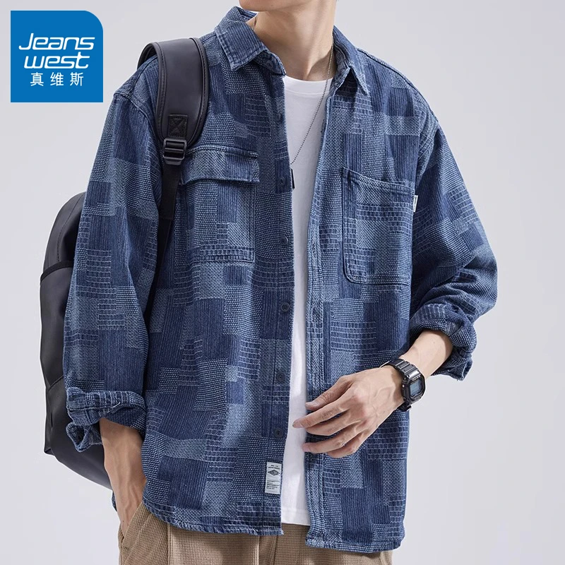 Jeanswest/真维斯工装衬衫男长袖秋季宽松潮翻领休闲痞帅衬衣外套