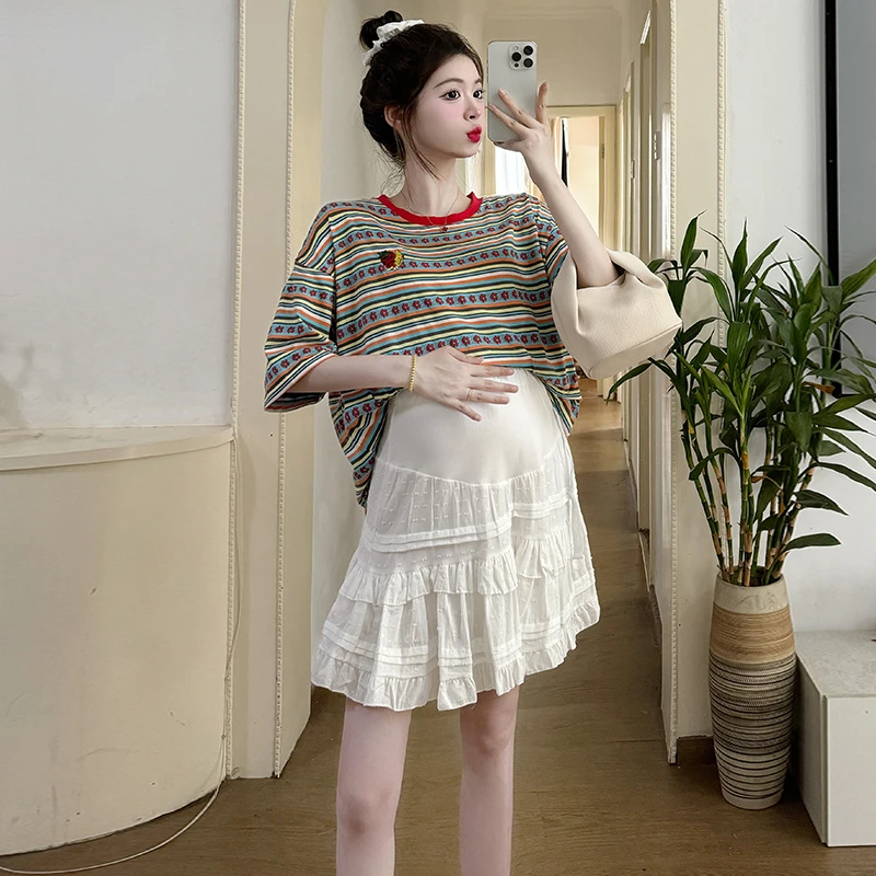 小个子夏装新款时尚洋气条纹短袖T恤半身裙孕妇套装两件套