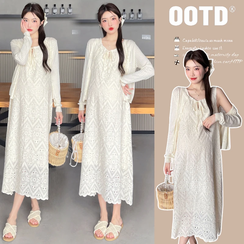 xixi~2025春秋新款孕妈蕾丝宽松无袖背心连衣裙＋针织开衫