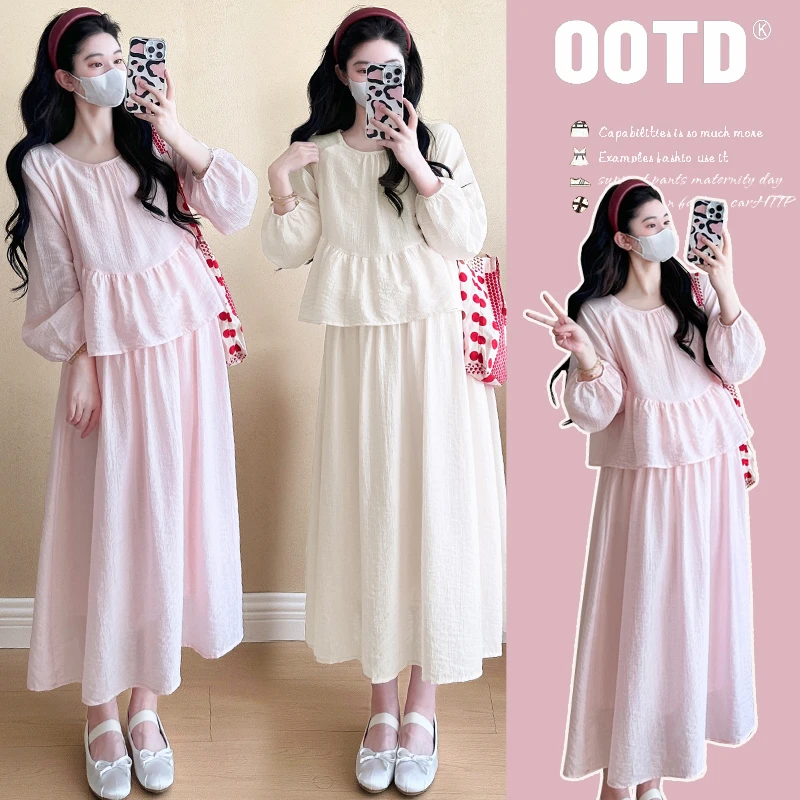 xixi~2025早春新款气质设计感假两件拼接长袖宽松孕妇连衣裙
