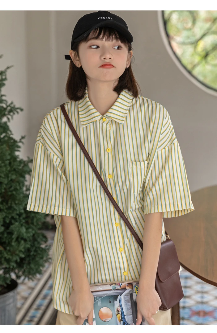 衬衫上衣衬衣夏季小众宽松条纹日系休闲半袖学生ins翻领撞色9027