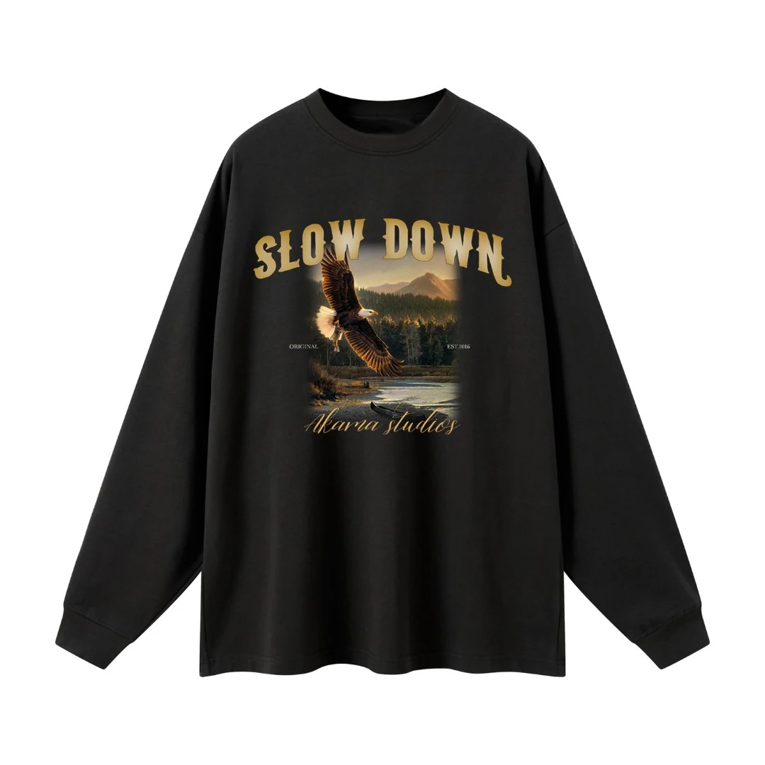 akama studios重磅320克美式小领口宽松廓形老鹰印花打底长袖T恤