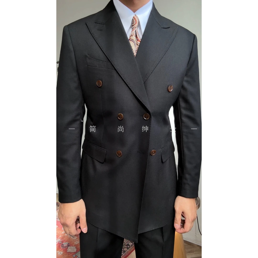 新款男士意式商务绅士款双排扣戗驳领通勤西服西装结婚套装912