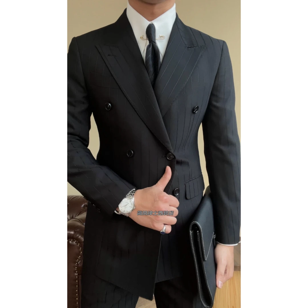 春款男士商务绅士百搭黑色双排扣西服套装26186