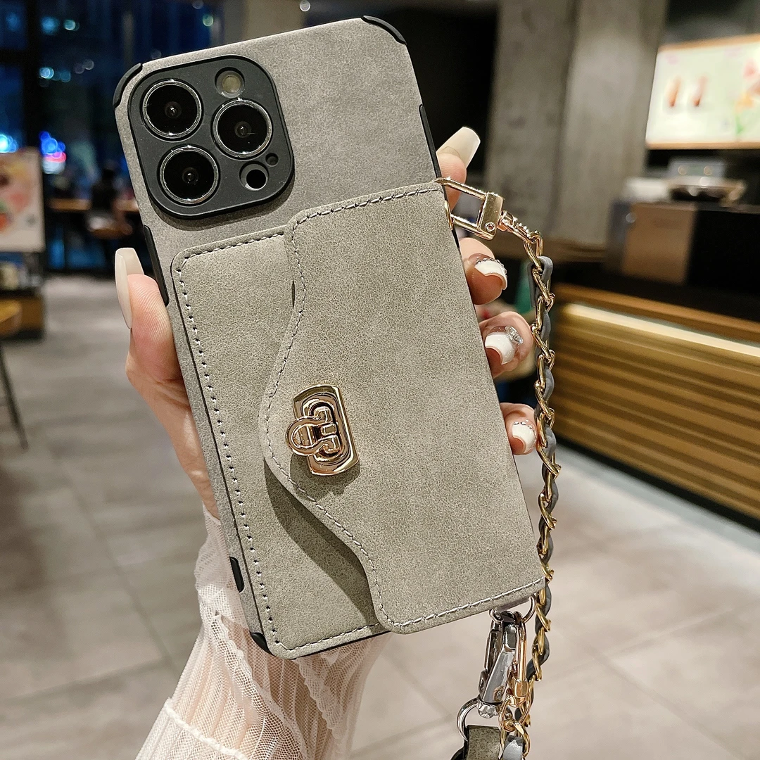 小羊皮零钱卡包适用苹果16promax手机壳斜挎iphone15插卡14女挂绳