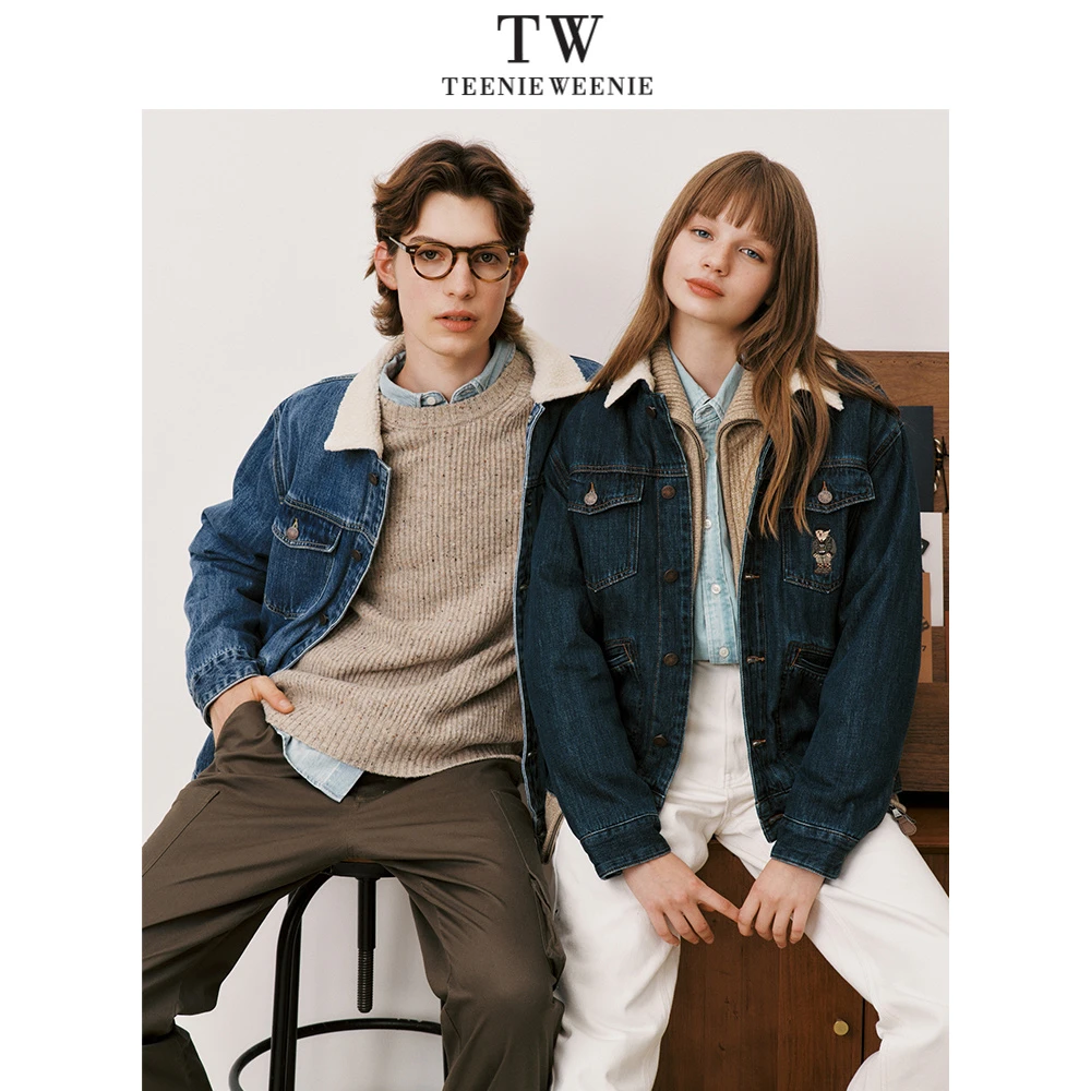 小熊男装牛仔外套2023冬季新款休闲仿羊羔毛情侣夹克TNJE238902I