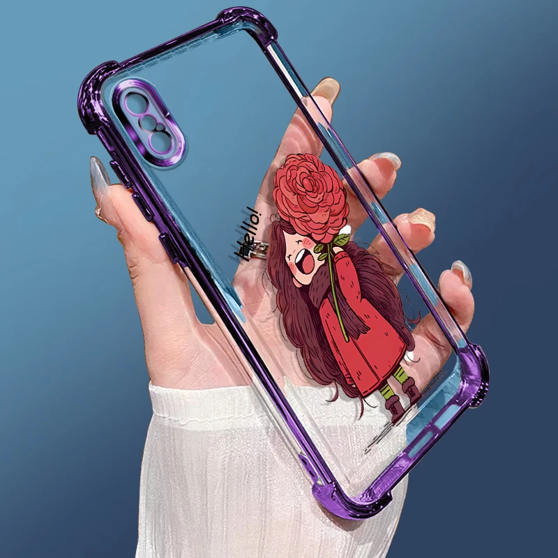 适用苹果X手机壳xsmax电镀四角气囊防摔透明软壳保护套潮红花少女