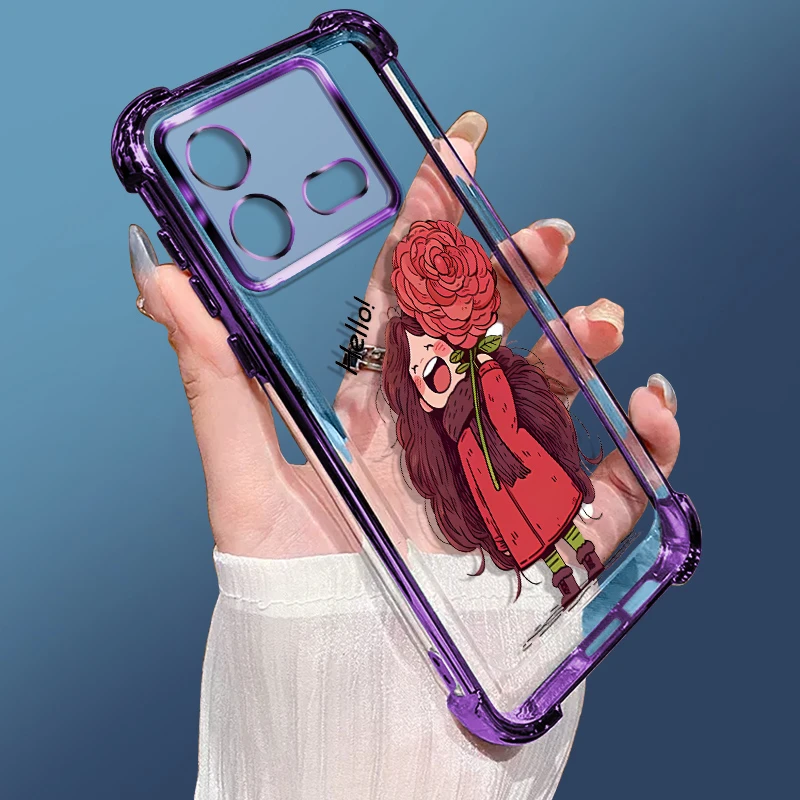 适用VIVOIQOONEO8手机壳电镀四角气囊防摔透明软壳精孔潮红花少女