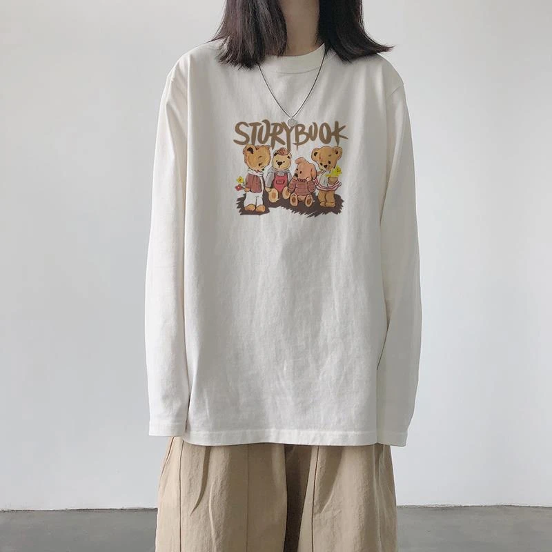 纯棉t恤女长袖春秋宽松外穿秋衣宽松薄款学生卫衣内搭白色打底衫