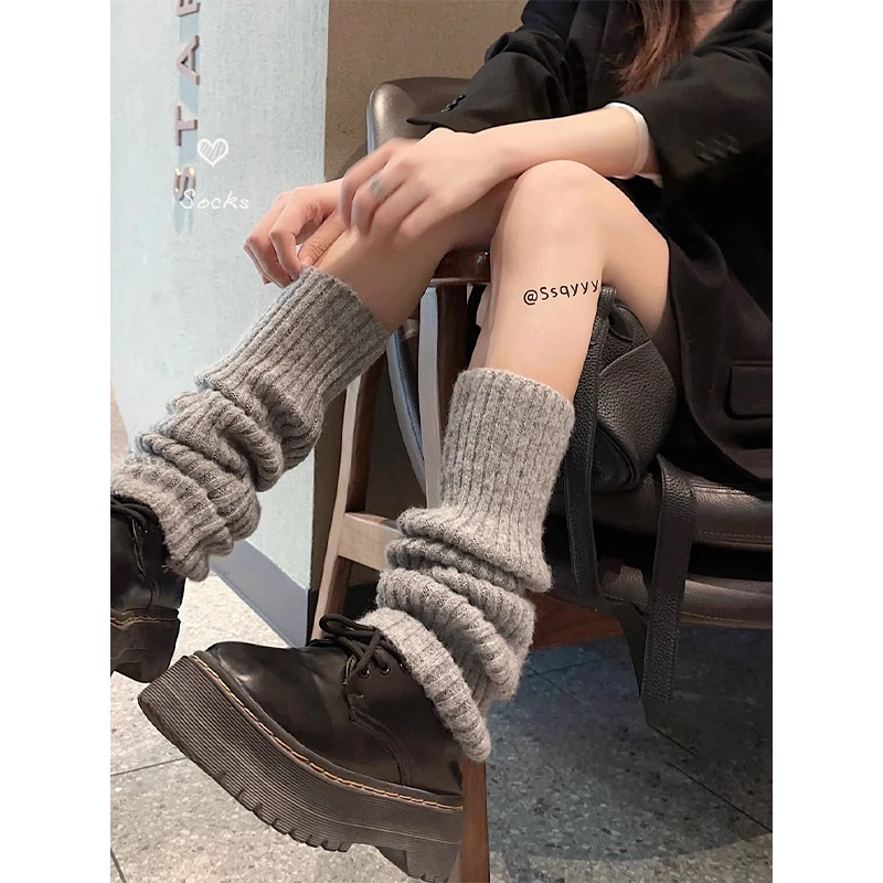 灰色袜子女长筒袜针织坑条堆堆袜秋季杏色小腿袜百搭袜套保暖长袜