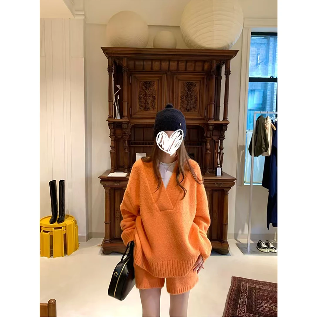 松弛老钱jennie同款大V领针织衫短裤套装女宽松慵懒风韩版套装