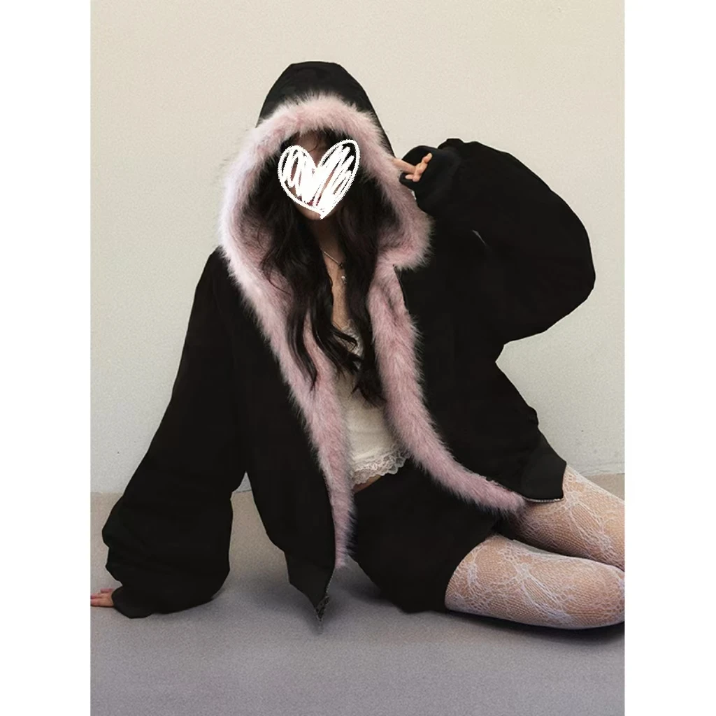 粉墨正反两穿长袖双拉链卫衣连帽上衣工装外套冬季