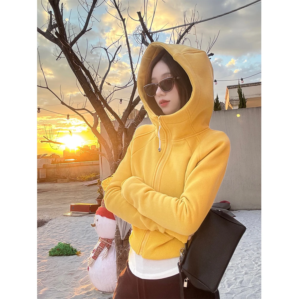 lulu加绒加厚连帽拉链卫衣外套女秋冬款露露修身短款运动上衣