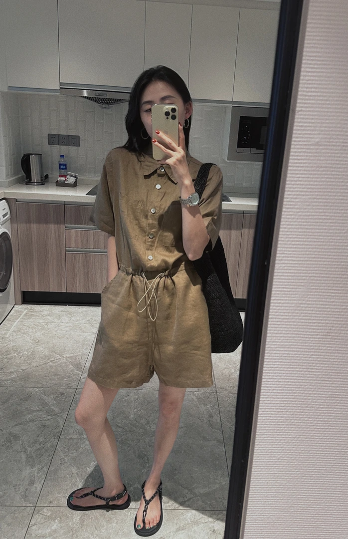 阿土秀复古口袋翻领工装连体衣2024夏季新款韩版宽松亚麻连体裤女