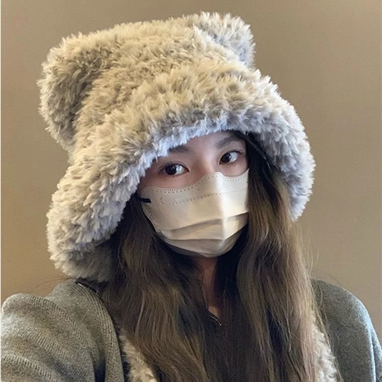 帽子女秋冬可爱毛绒绒小熊耳朵保暖护耳大头围雷锋帽显脸小雷锋帽
