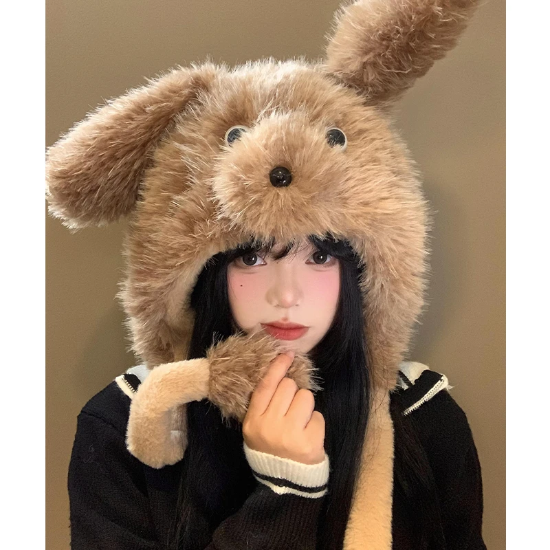 BANGKE LEE可爱小狗毛绒帽女秋冬季卡通会动耳朵护耳帽加厚保暖防