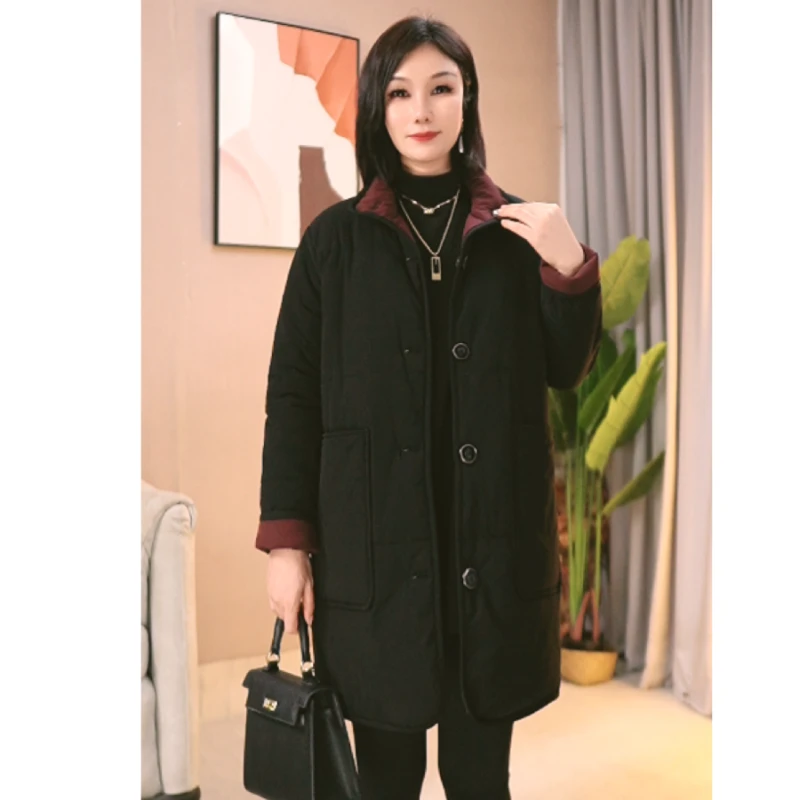 大码女装双面穿棉袄宽松翻领棉衣外套时尚洋气中长款冬季保暖棉服