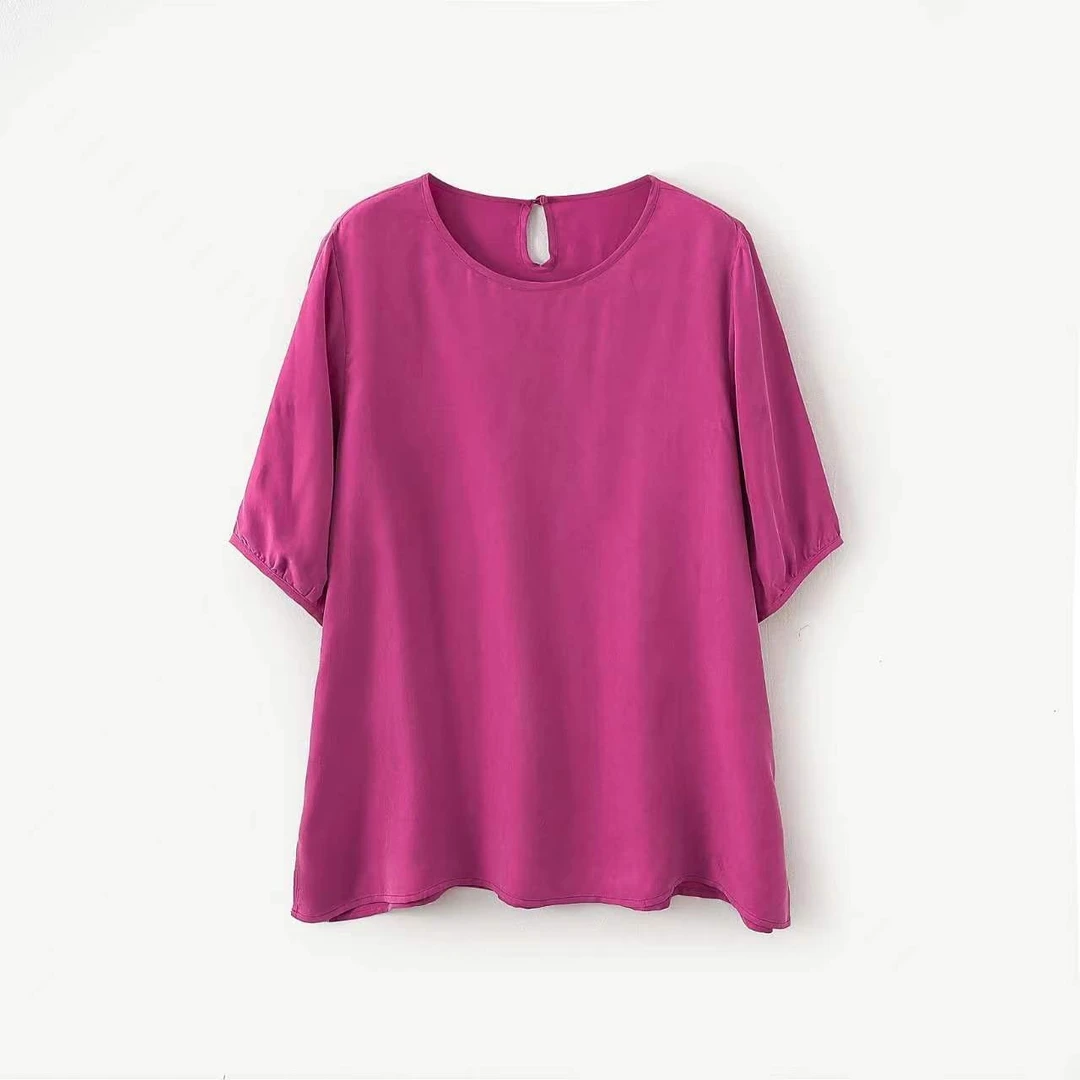 大码女装铜氨丝上衣纯色百搭夏季宽松休闲圆领T恤衫中老年妈妈装