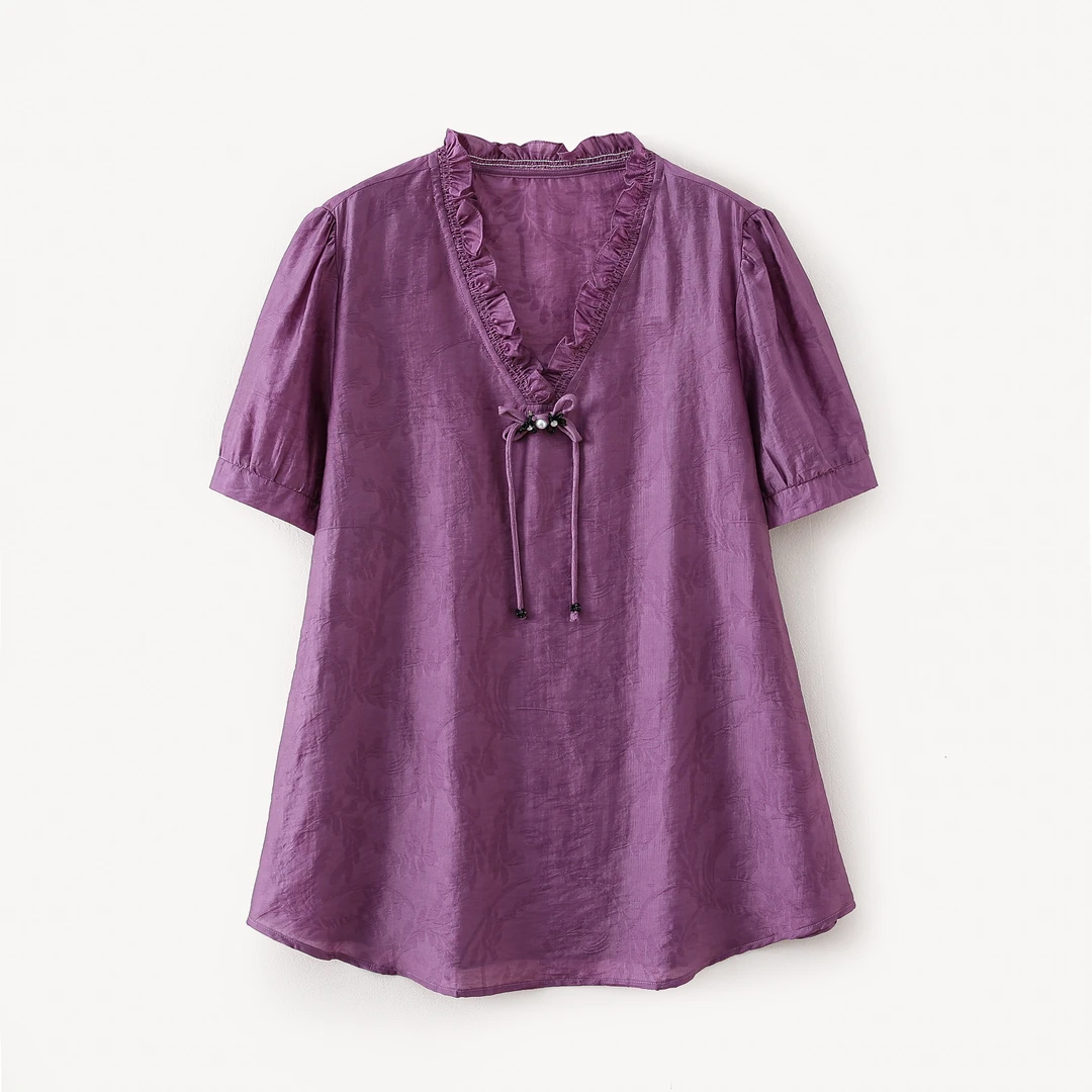 240斤大码衬衫女夏季显瘦宽松休闲V领木耳边中长款妈妈装