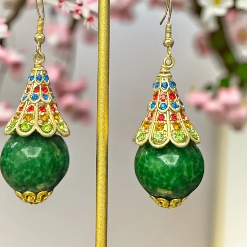 铜合金玻璃耳饰 2025新款复古中古时尚蛙皮国风手工彩色耳环