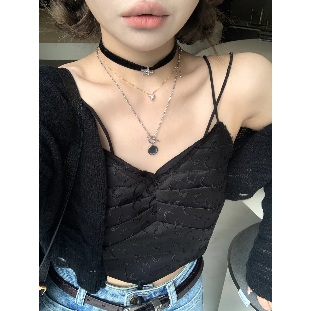 DEEMOChao精致提花面料拼接毛边吊带女春甜酷小个子上衣 WZ1834