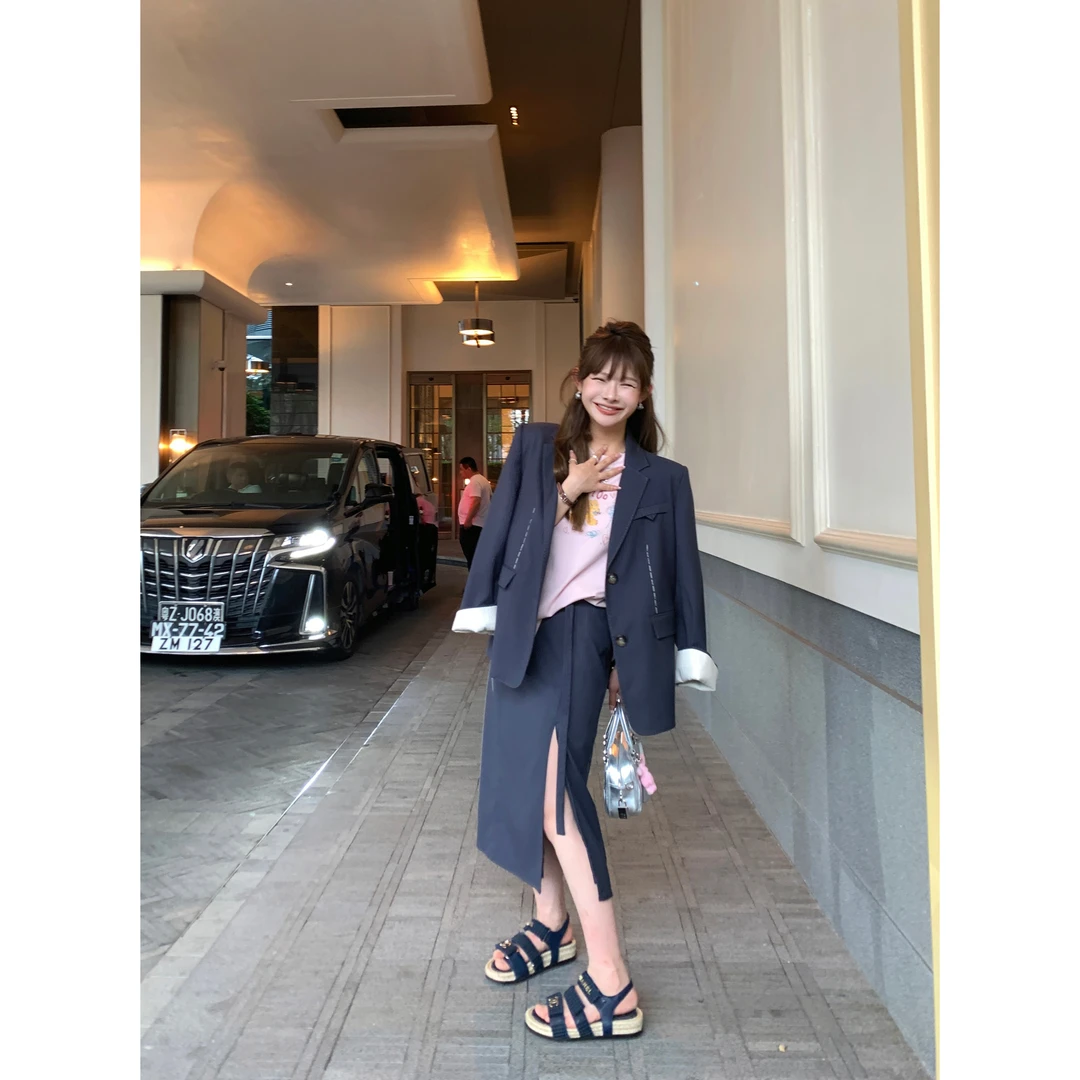 DEEMO西装套装女小个子拱针小西服+直筒半裙两件套春季 WZ1804