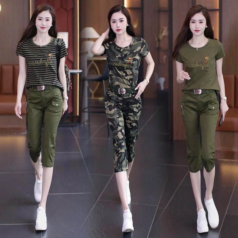迷彩服女夏季新款圆领短袖七分裤军旅风时尚减龄遮肉显瘦休闲装