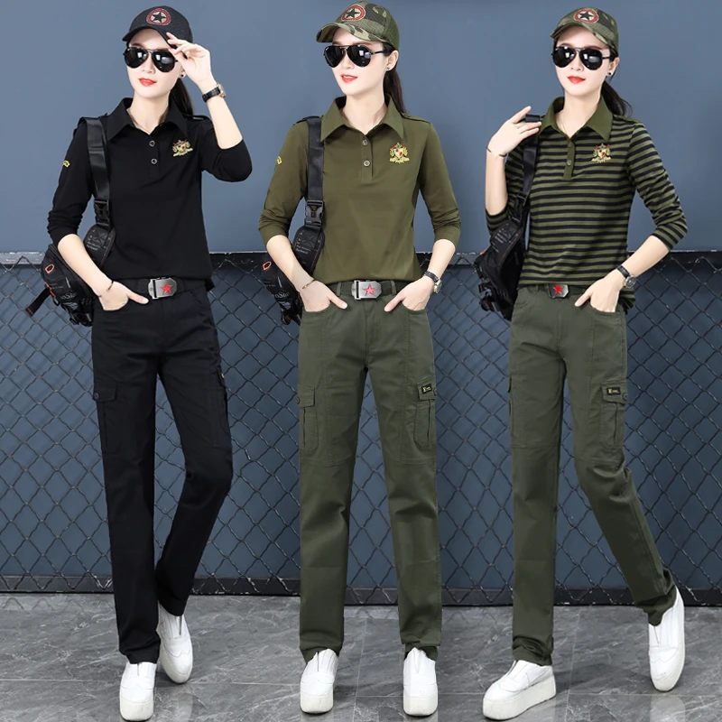 L春夏军旅风女装黑色弹力衬衣领水兵舞2025新款休闲条纹长袖T恤
