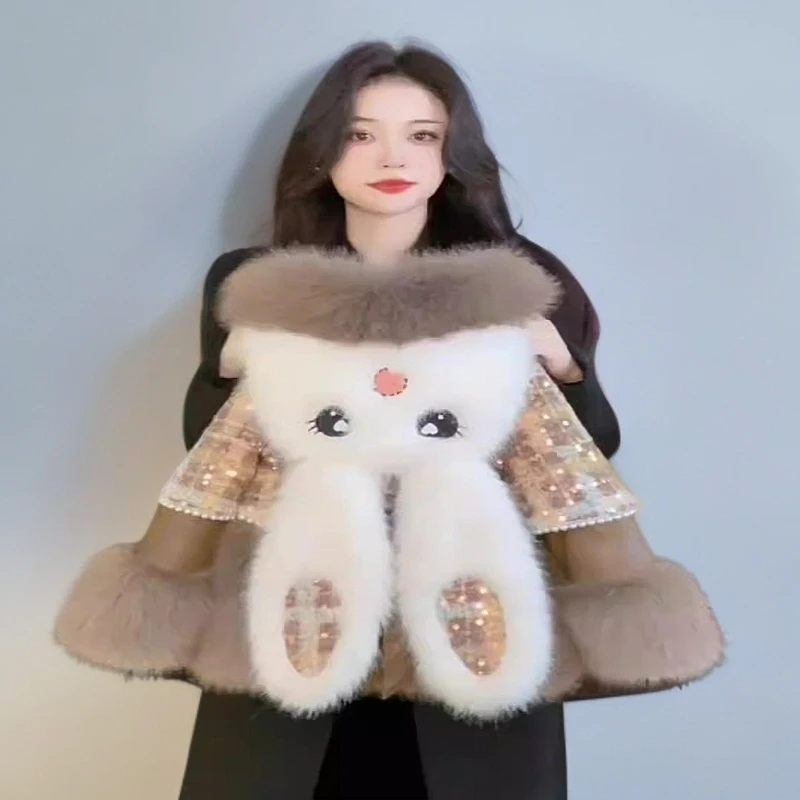 女童加绒加厚毛毛大衣潮兔耳朵皮毛外套冬季新款洋气小女孩高级感