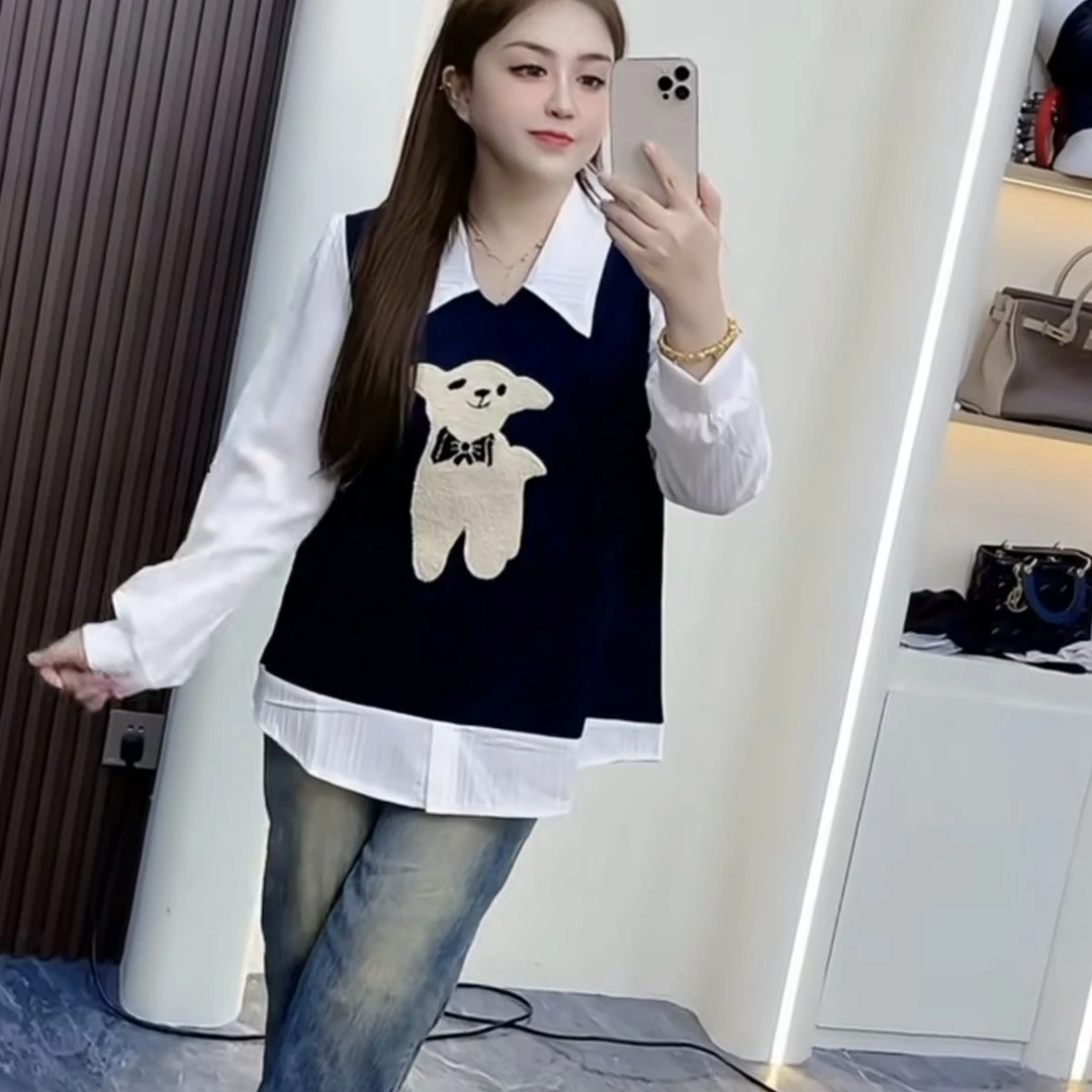 2025春季新款快乐小羊假两件长袖拼接款假两件大码衬衫显瘦百搭款