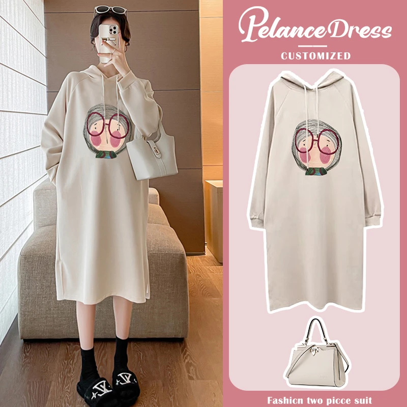 孕妇连衣裙春秋季时尚大码2024新款春装宽松连帽卫衣裙遮肚不显怀