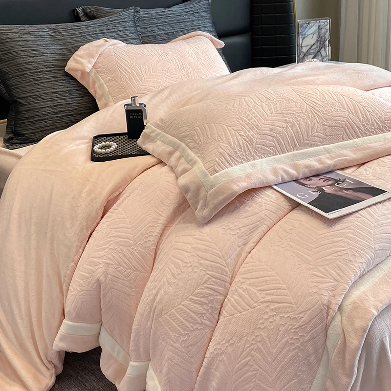 ROWHOLLY一叶知秋雕花牛奶绒四件套双面绒加绒保暖轻奢毛绒床品