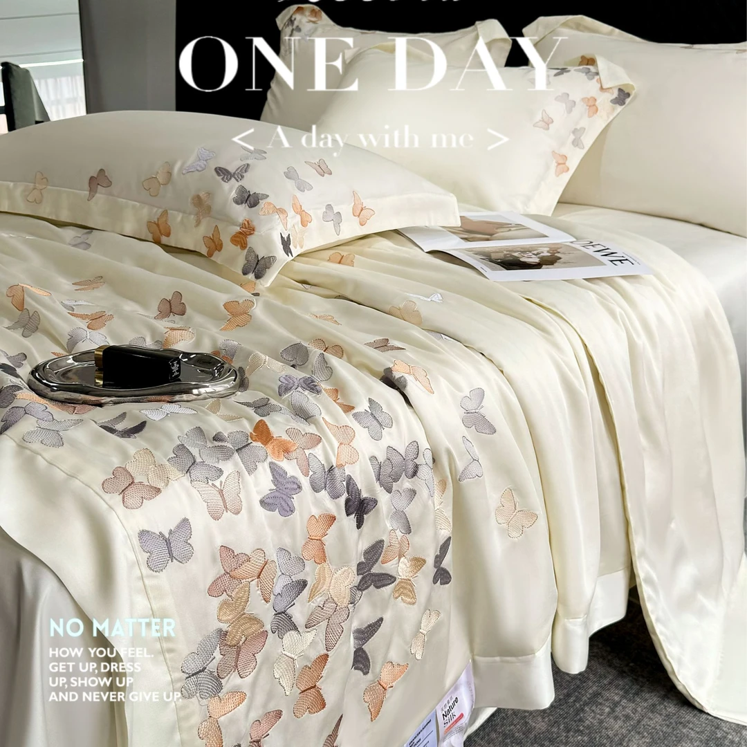 ROWHOLLY蝶舞天丝夏被四件套刺绣款夏凉被双面丝滑凉感机洗空调被