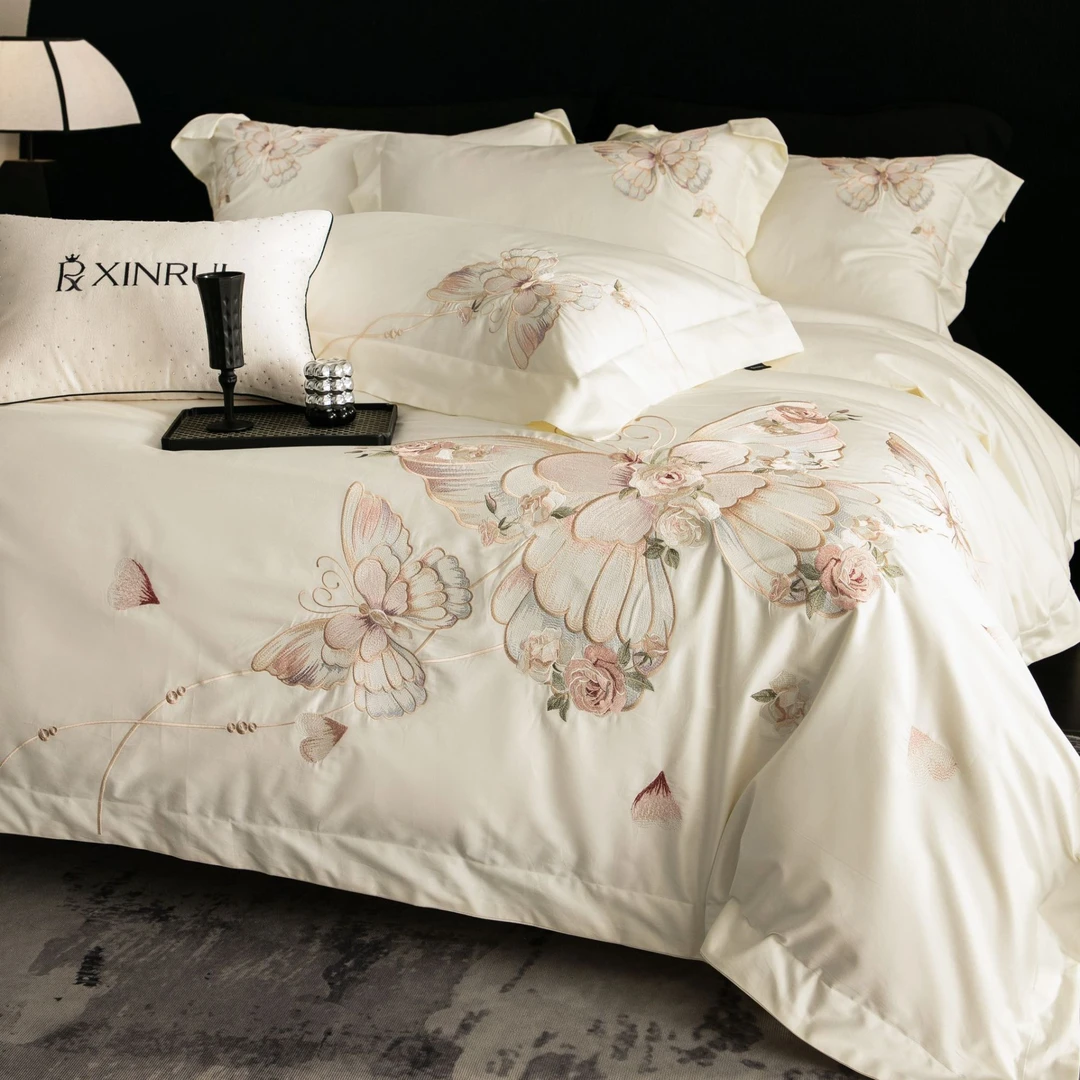 ROWHOLLY梦幻  高奢棉被套四件套简约高精密刺绣丝滑裸睡被罩床品