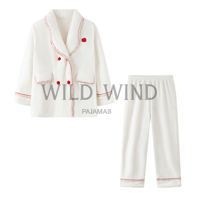 WWP原创秋冬新款时髦高级感可外穿女士法兰绒纯色睡衣家居服套装