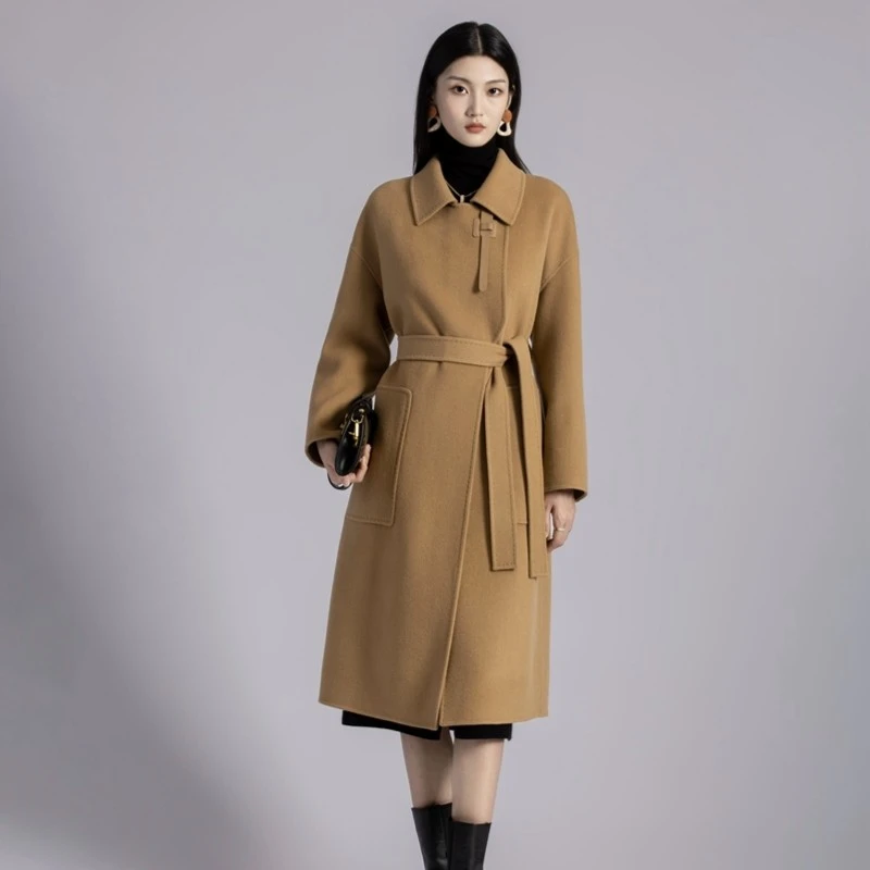 翻领时尚毛呢秋冬宽松长款大衣双面尼超细羊毛大衣22A63