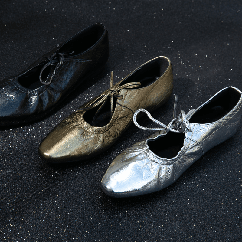 2【贵妇】褶皱设计感小众进口真皮平底玛丽珍单鞋绑带尖头平底鞋女