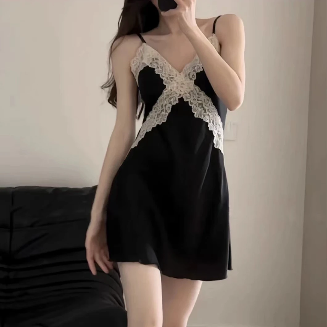 可外出显瘦睡裙女成人冰丝背心网红冰丝性感已婚女性夏款黑色睡衣