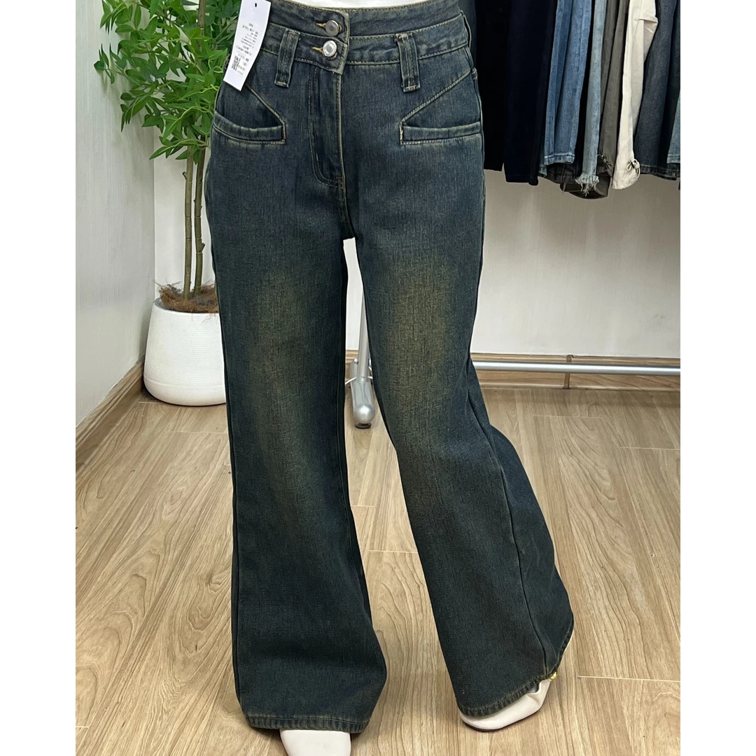 复古色不贴腿加绒微喇高腰宽松牛仔裤女