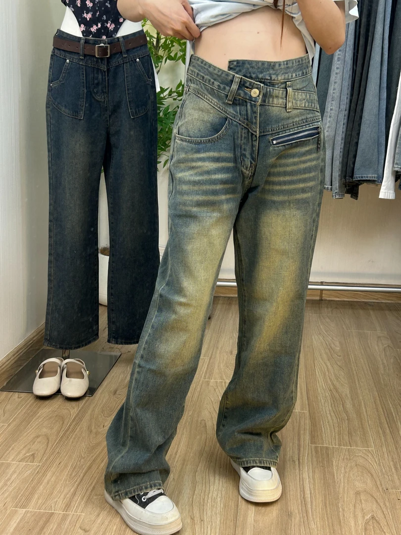 美式辣妹美腰斜腰款式拉链设计复古蓝牛仔裤女直筒宽松厚款无弹
