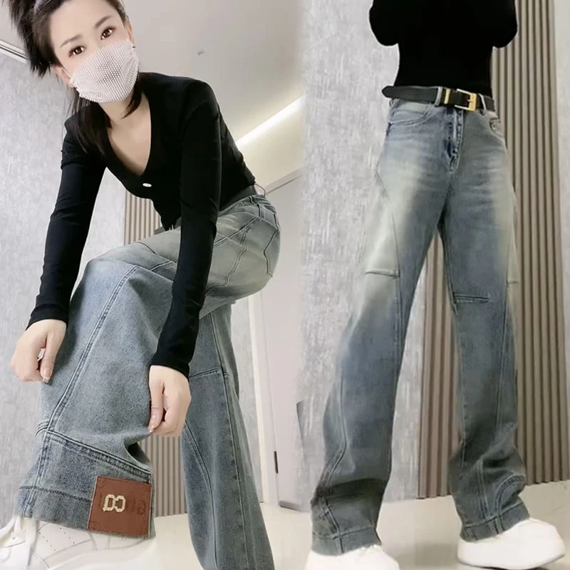 爆款弯刀裤2024秋冬新款时尚复古港风牛仔裤潮流洋气拼接拖地裤女