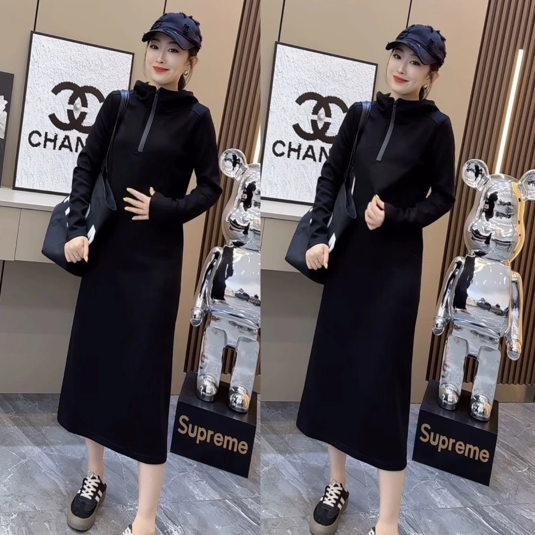 欧货2024秋季新款连帽半拉链长袖卫衣连衣裙女宽松显瘦气质长裙