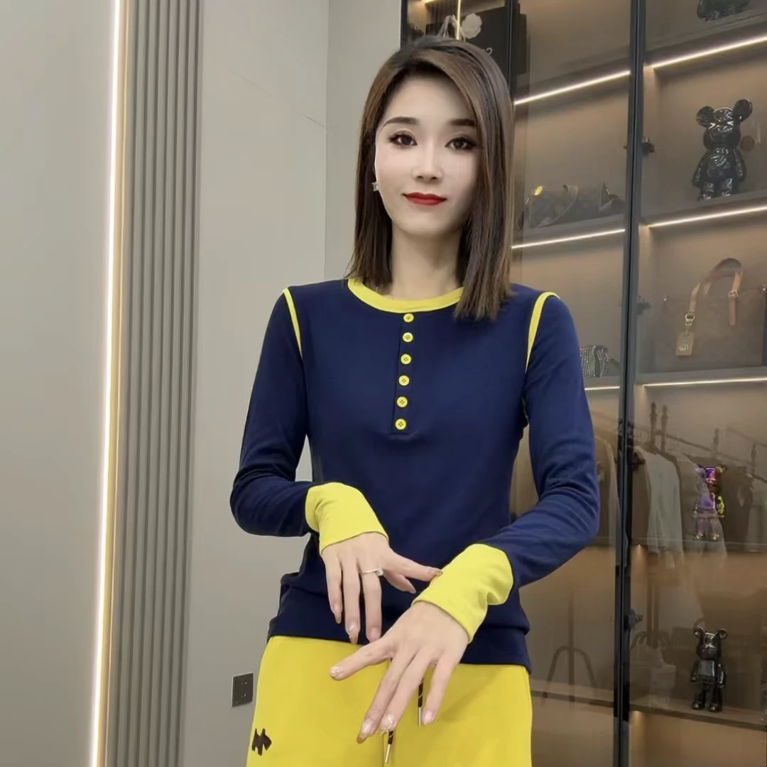 2024秋冬爆款打底衫小众设计洋气百搭撞色拼接时尚加绒长袖上衣女