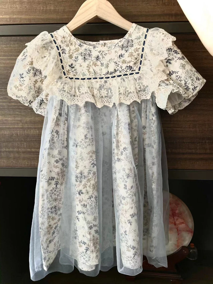 【冬暖秘境A56】夏季清新网纱连衣裙女童蕾丝蓝色儿童