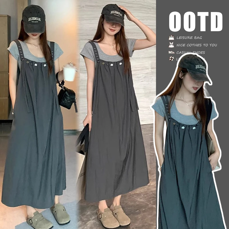 2024韩版夏季新款孕妇灰色上衣+背带裙减龄套装孕妇宽松连衣裙